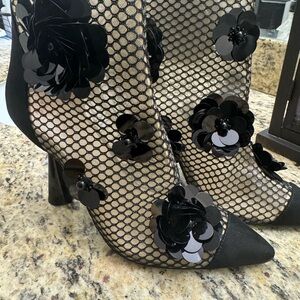 Betsey Johnson Black Floral Mesh Heeled Boots